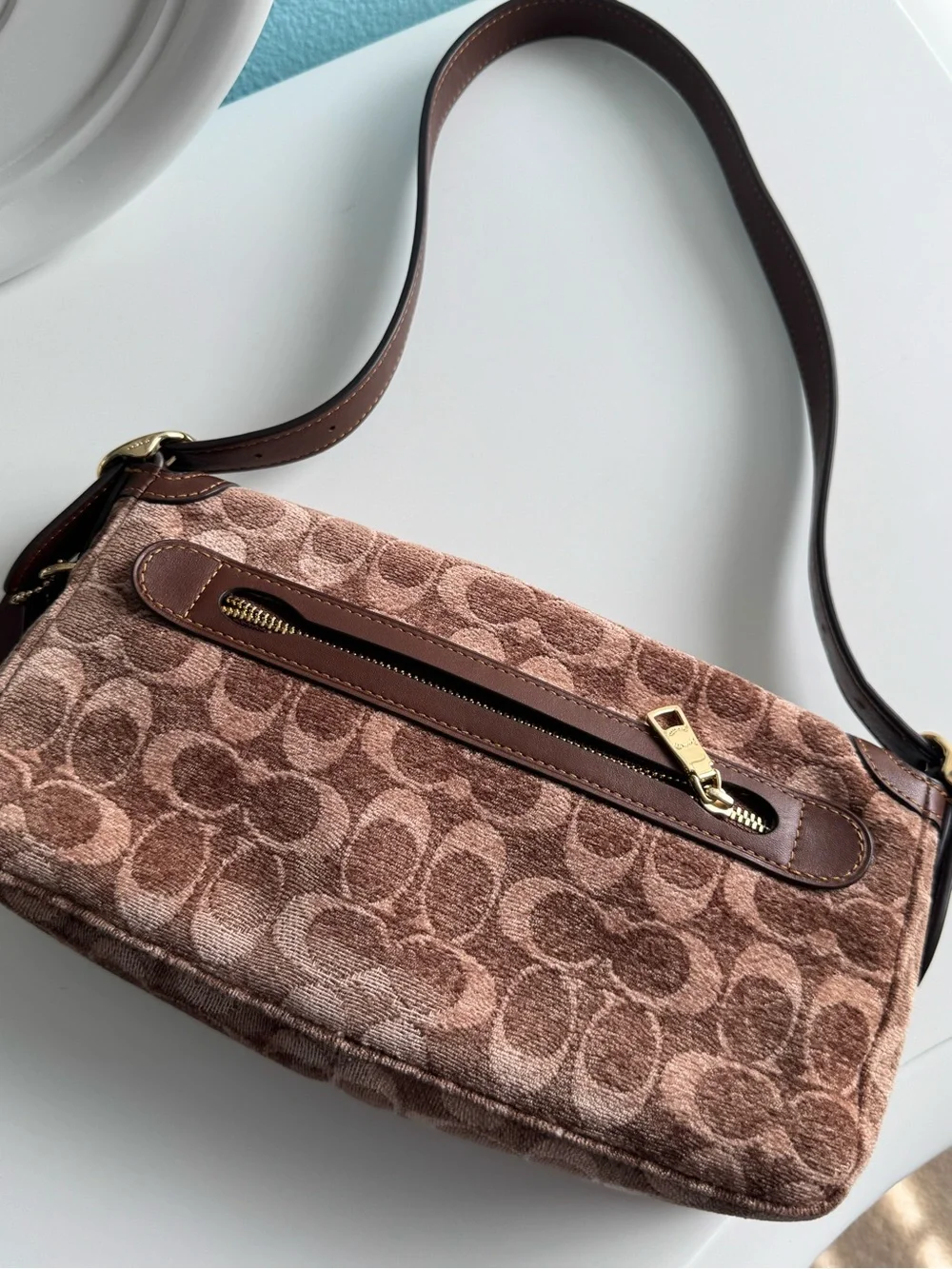 Coach Brown Signature Jacquard Shoulder Bag with Leather Trim
